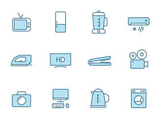 home appliances line vector icons in two colors isolated on white background. home appliances blue outline icon set for web design, ui, mobile apps and print