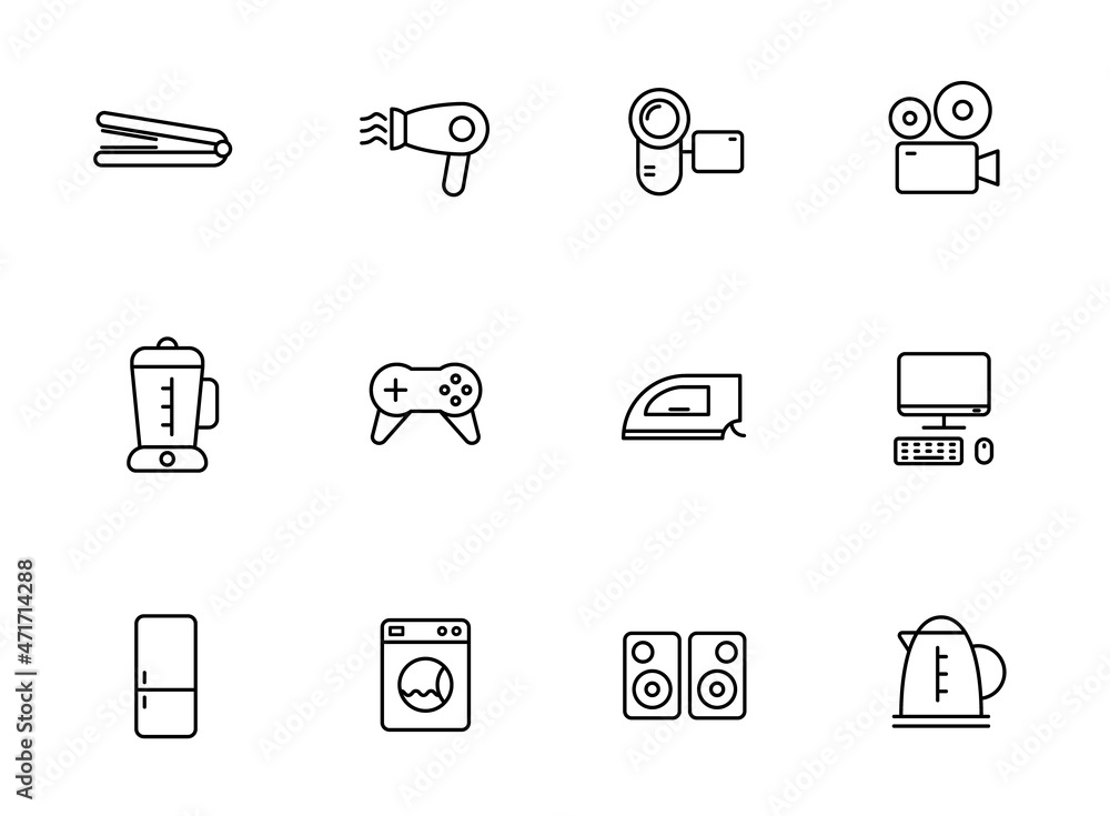 Poster home appliances linear vector icons isolated on white. home appliances icon set for web and ui desig