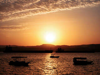 Scenic view at sunset from Aqaba Port , Jordan. Sunset on the Red Sea