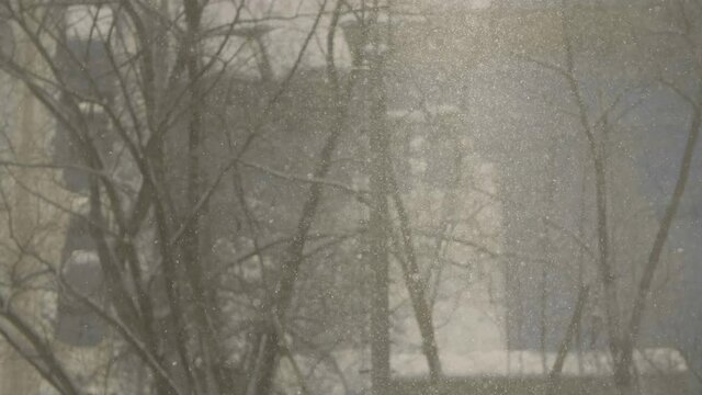 Snowflakes in sunlight. Snowfall in the city. Lighted snowflakes with city background. Snowflakes in sunny winter day.