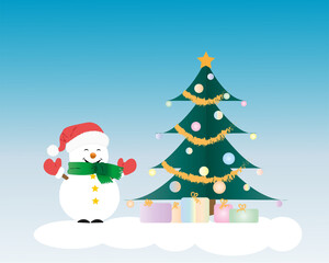Bonhomme de neige au pied d'un sapin de Noel et de cadeaux - Fond bleu et blanc