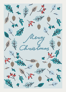 Merry Christmas greeting card design template. Hand-lettered greeting phrase, decoration with frozen leaves, berries, pine cones, snowy fir tree branches on light-blue background