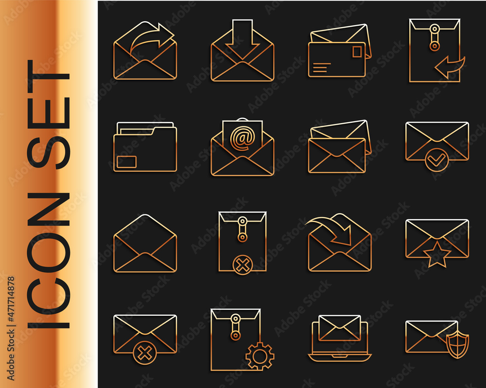 Poster set line envelope with shield, star, and check mark, mail e-mail, document folder, outgoing and icon