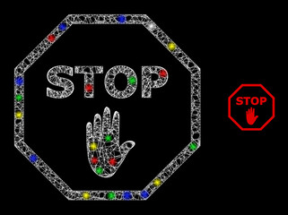 Glossy crossing net mesh octagon stop hand icon with glare effect on a black background. Light multicolored vector constellation created from octagon stop hand icon,