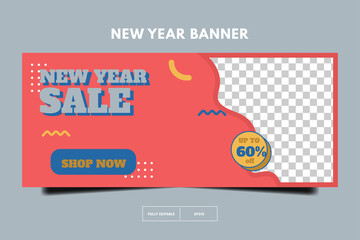 Horizontal banner template. Social media promotion template. New year sale 80s retro post template. memphis social media design.