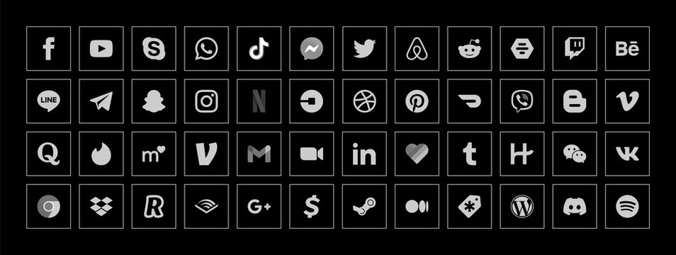 Social Media Networks and Apps Icon or Button Set in Dark Mode Style. Set of Vector Icons for Mobile Apps including Facebook, Netflix, Twitter, Youtube, TikTok, Reddit, AirBNB and more. 