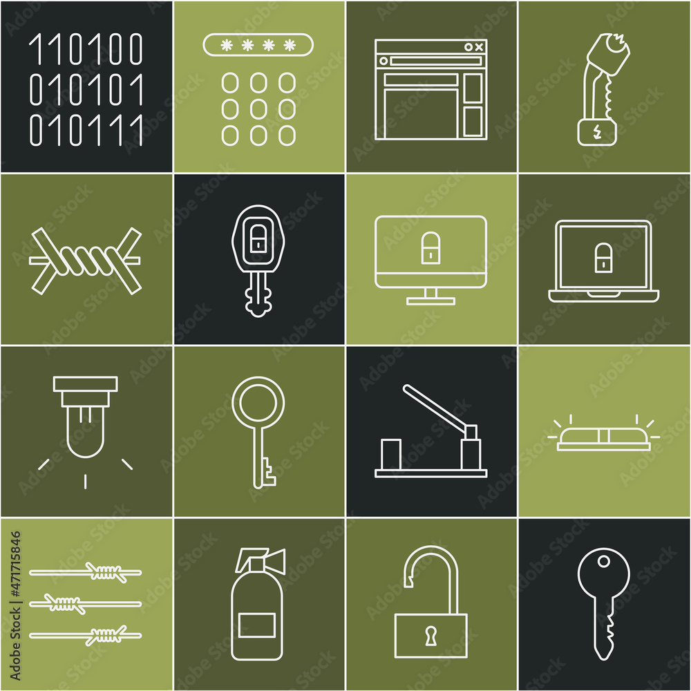 Poster set line key, flasher siren, laptop and lock, website template, car key with remote, barbed wire, bi