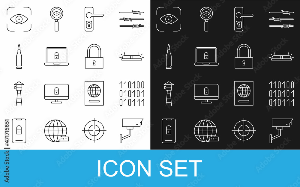 Poster set line security camera, binary code, flasher siren, door handle, laptop lock, bullet, eye scan and