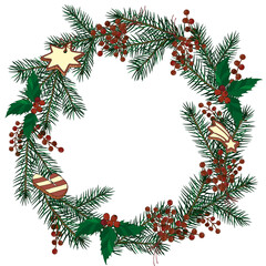 Fototapeta na wymiar christmas wreath of fir branches,berries and gingerbread.