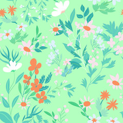Meadow grasses and flowers on a bright pastel green background. Cute seamless floral pattern in a trendy color palette. Ditsy print. Spring, summer botanical background. Hand-drawn vector illustration