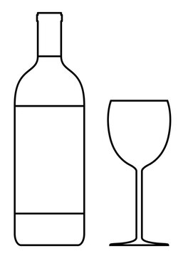 Wine bottle and wine glass. Outline vector illustration isolated on white background.