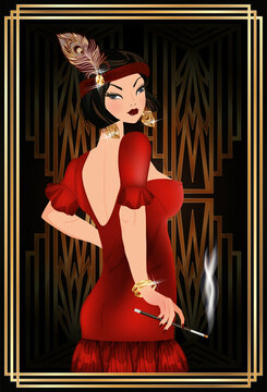 Young woman with cigarette holder in style art deco, vector illustration