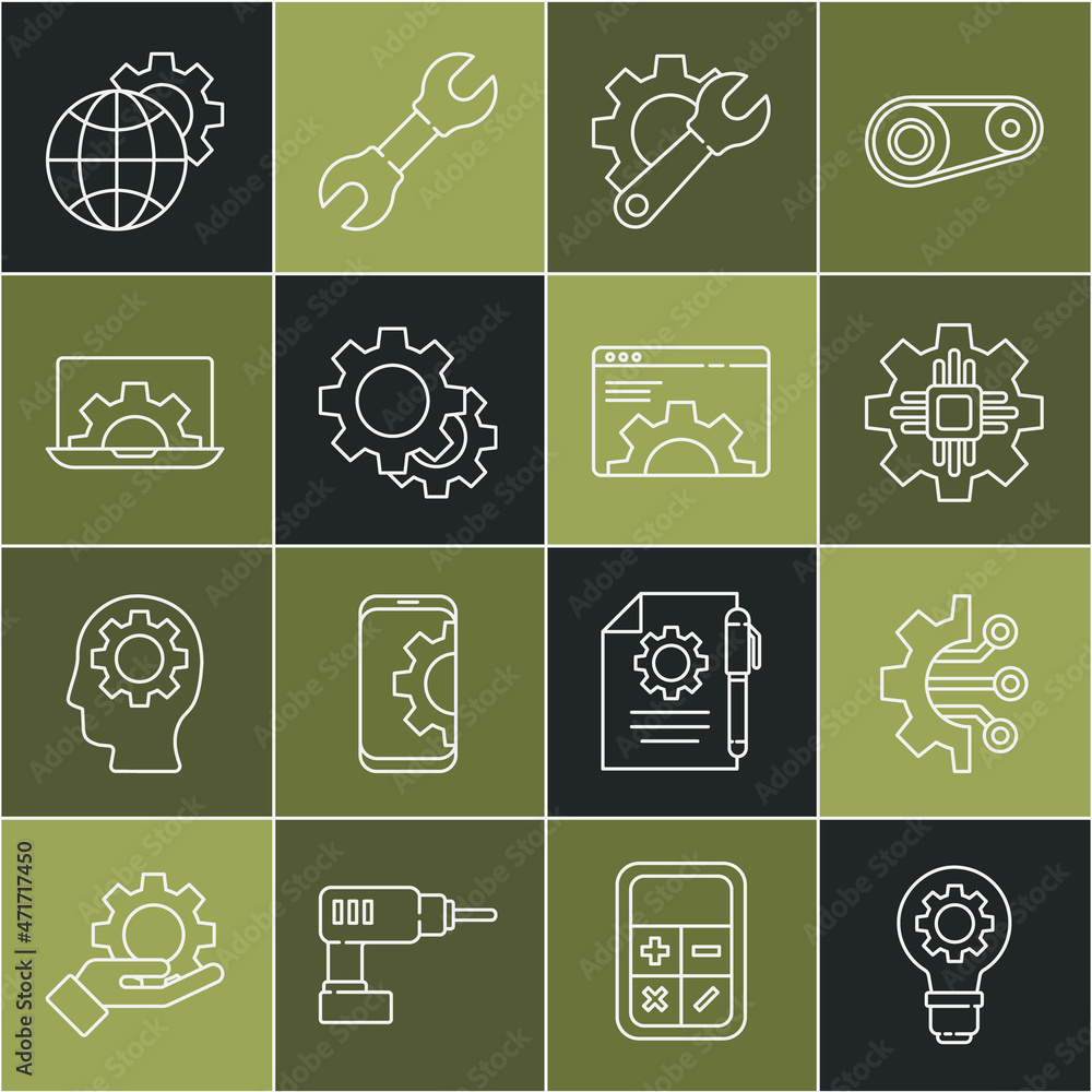 Poster set line light bulb and gear, algorithm, processor, wrench spanner, gear, laptop, globe of the earth