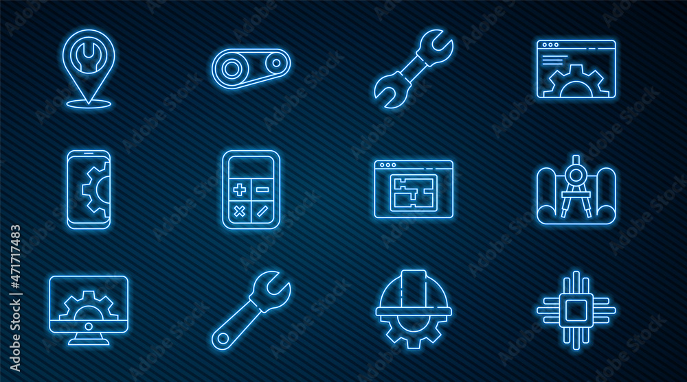 Poster set line processor with microcircuits cpu, graphing paper and compass, wrench spanner, calculator, s
