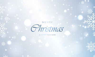 Merry christmas and happy new year light blue festive background with bokeh lights and snowflakes. Celebration background template. Vector illustration