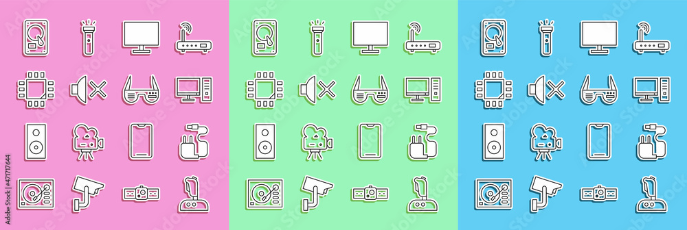 Poster set line joystick for arcade machine, charger, computer monitor, screen, speaker mute, processor wit
