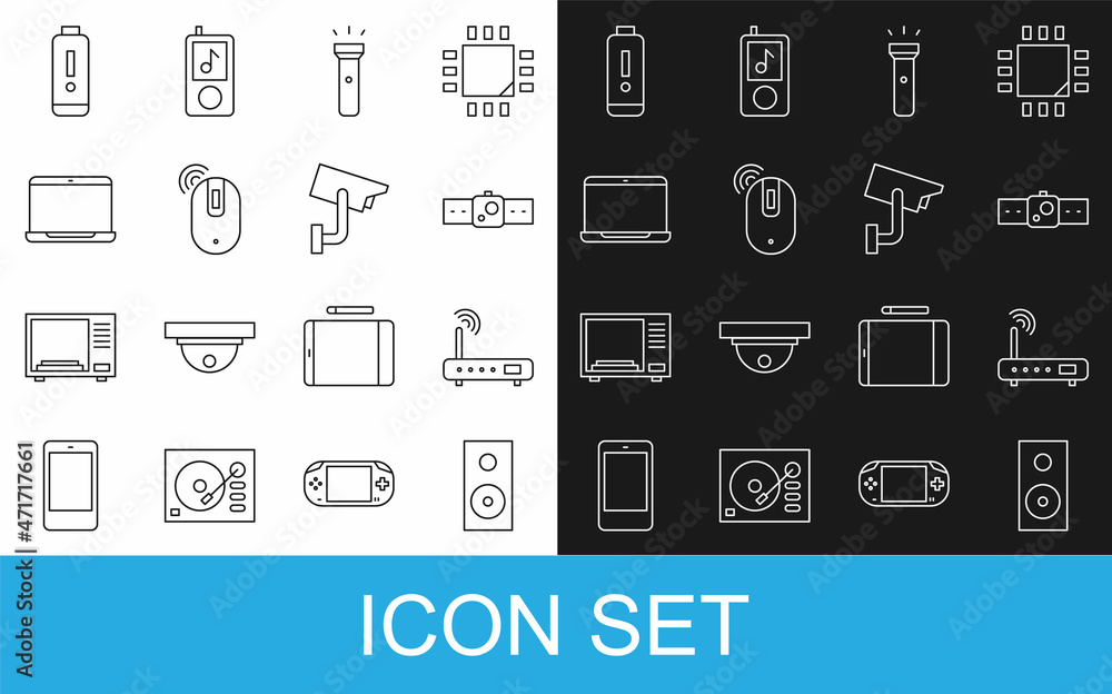 Poster set line stereo speaker, router and wi-fi signal, smartwatch, flashlight, wireless computer mouse, l
