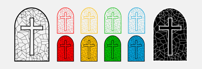 Stained glass cross in different colors. Holy Easter. Vector set. 