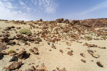 Desert landscape from Las Canadas caldera of Teide volcano. Mirador (viewpoint) Minas de San Jose Sur. Tenerife. Canary Islands. Spain.
