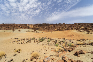 Desert landscape from Las Canadas caldera of Teide volcano. Mirador (viewpoint) Minas de San Jose...