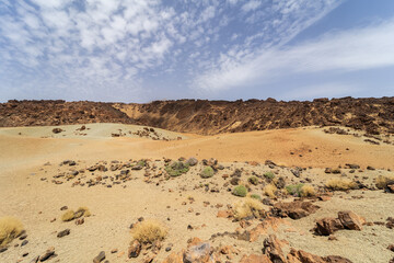 Desert landscape from Las Canadas caldera of Teide volcano. Mirador (viewpoint) Minas de San Jose Sur. Tenerife. Canary Islands. Spain.