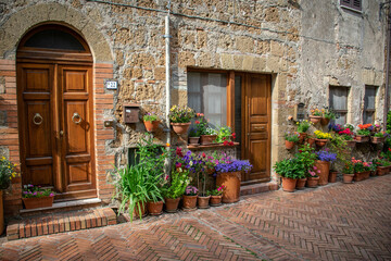 Fototapeta na wymiar Tuscany, italy, may 2018, street in flowers in the medieval town of Sovana