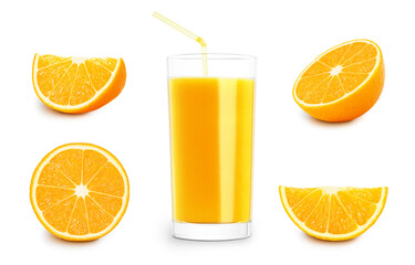 citrus set. a glass of fresh orange juice and a lot of orange slices. isolated on white background. clipping path. ready to use