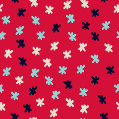 Seamless repeating pattern with hand drawn flakes. Festive red backound for for wrapping paper, surface sign and other design projects. Christmas, New Year concept