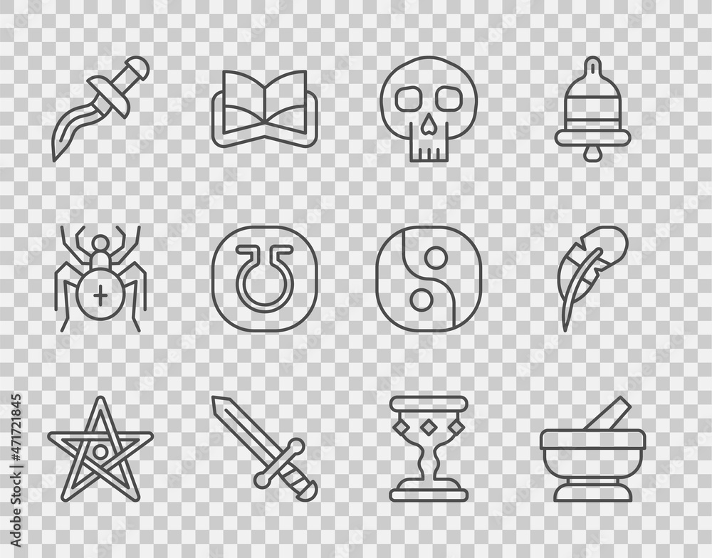 Wall mural Set line Pentagram, Mortar and pestle, Skull, Medieval sword, Dagger, Life, goblet and Feather pen icon. Vector