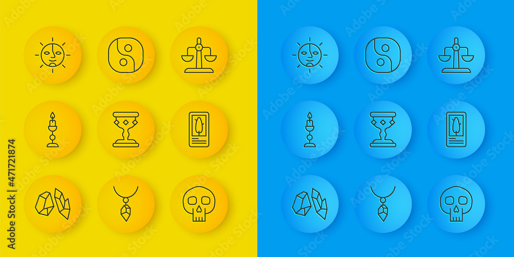 Wall mural Set line Magic stone, Burning candle, Medieval goblet, Skull, Tarot cards, Sun, Libra zodiac and Yin Yang icon. Vector