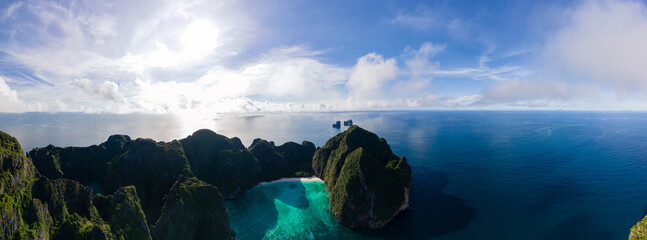 Maya Bay Koh Phi Phi Thailand, Turquoise clear water Thailand Koh Pi Pi, Scenic aerial view of Koh...