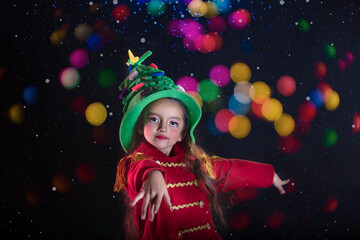 girl dressed as nutcracker with red coat fringes and colorful bokeh lights, hat and theatrical...