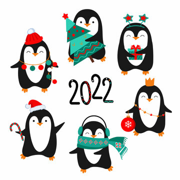 Cute penguins 2022. Christmas penguins in white background. Vector