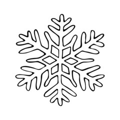 Thin line doodle snowflake. Ice crystal hand drawn. Vector of frosty pattern. Winter snow ornament. Christmas illustration isolated on white background.