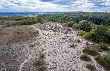 Drone photo of Pobiti Kamani - natural phenomenon called Stone Forest in Bulgaria