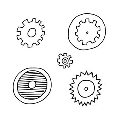 Hand drawn black vector illustration of set of metallic or plastic gears isolated on a white background