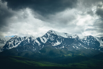 Fototapeta na wymiar Dramatic mountains landscape with big snowy mountain ridge above sunlit forest in overcast weather. Atmospheric highland scenery with high mountain range under lead gray clouds and sunlight on forest.