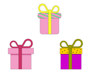Set of three colorful icons of gift boxes on white background. Vector version.