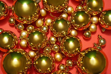 Fototapeta na wymiar Close up of set of golden christmas balls