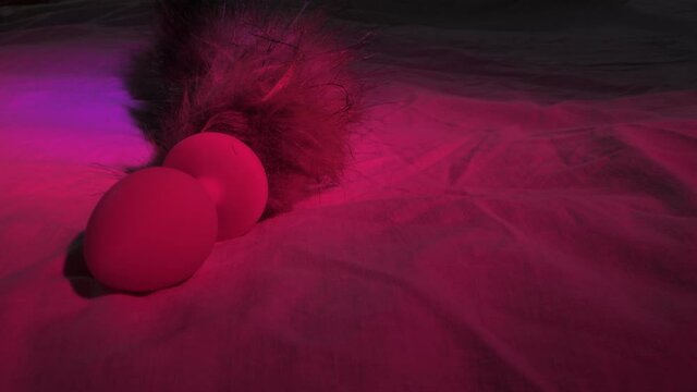Sex toy anal plug with fluffy tail of faux fur for role play games on bedsheet at purple light in dark bedroom close view