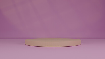 3d illustration light-colored background. Pick background and cylinder in center. Yellow pedestal on the floor. 3D Rendering is made in warm colors. Background for placing text and labels