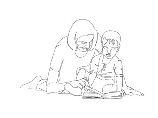 A young mother who reads a book together and wants to teach her child knowledge. Single-line picture of mother and child, parent vector description. The concept of a happy family spending time togethe