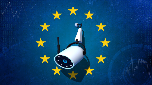 Security camera with the flag of EU. Security system concept. 