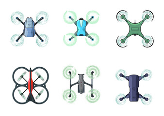 Vector illustration of six drones of different design. Top view.