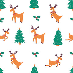 Obraz na płótnie Canvas Seamless pattern Christmas happy reindeer with red bells on their necks, tree and holly twig. Funny animal. New Year print. Colorful vector illustration hand drawn. Wrapping, textile, fabric or paper