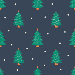 Seamless pattern Christmas tree with garland. Blue background. Snowing. Holiday print. Colorful hand drawn vector illustration. Merry Christmas and Happy New Year. Festive winter season. Wrapping