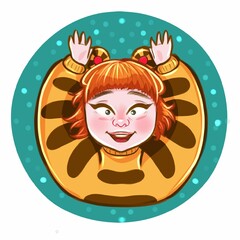 a girl in a tiger costume, can be used as a sticker, can be used as a sticker for social networks, a girl is happy, a girl says yes
