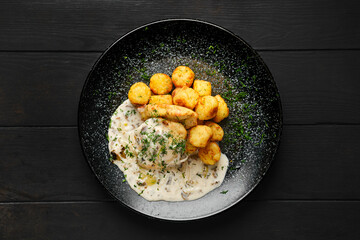 Overhead view of fried zander fillet with mushroom sauce and potato balls