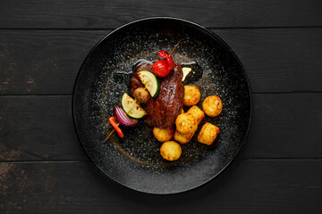 Overhead view of grilled beef with vegetables and potato balls