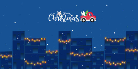 Merry Christmas and Happy New Year banner. Christmas night city. Holiday poster, header for website, greeting card, flyer. Vector illustration